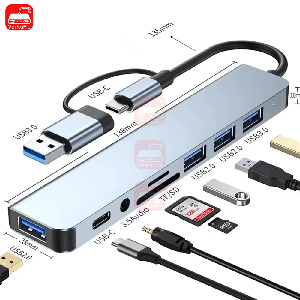 USB C Hub USB Splitter 8 in 1 USB Extender with 4 USB Port 1 USBC Port TF/SD Card Reader Audio Output Compatible for MacBook