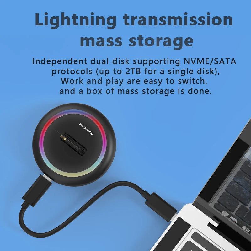 Blueendless Dual Protocol SSD M.2 Docking Station RGB LED Light M.2 SATA USB C SSD Case NVME+NGFF HDD SSD Docking Station Solid