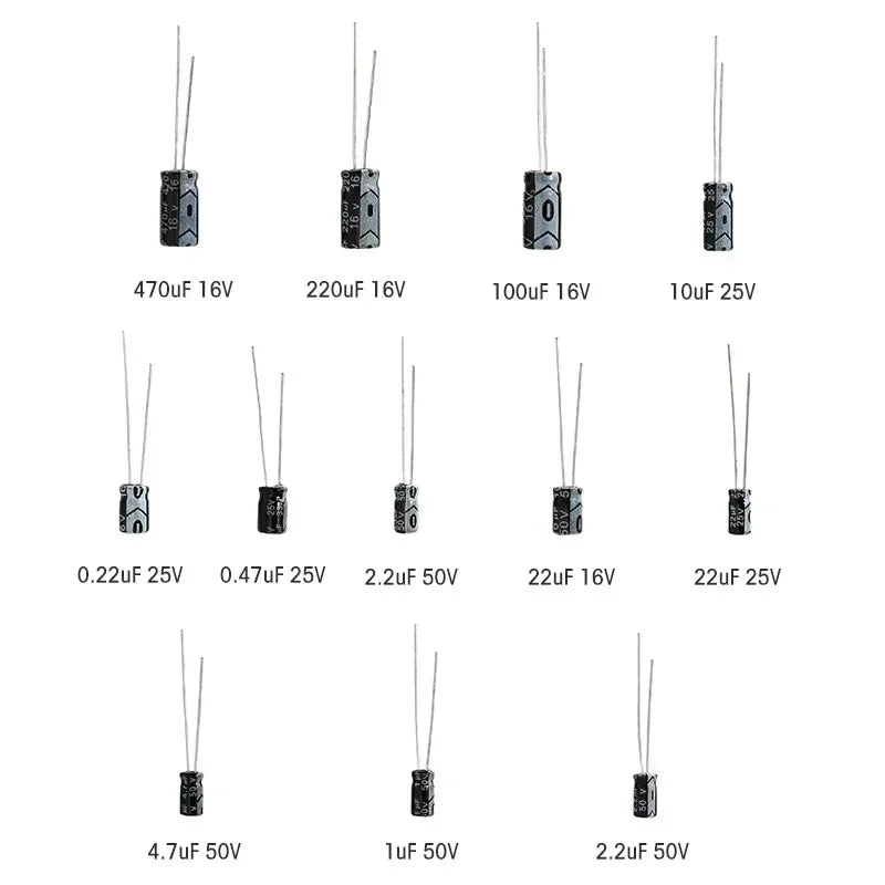 120PCS Electrolytic Capacitor Kit 16V 25V 50V 1uF-470uF Aluminum Electrolyte Capacitors - 12 Values DIP for Electronics Projects
