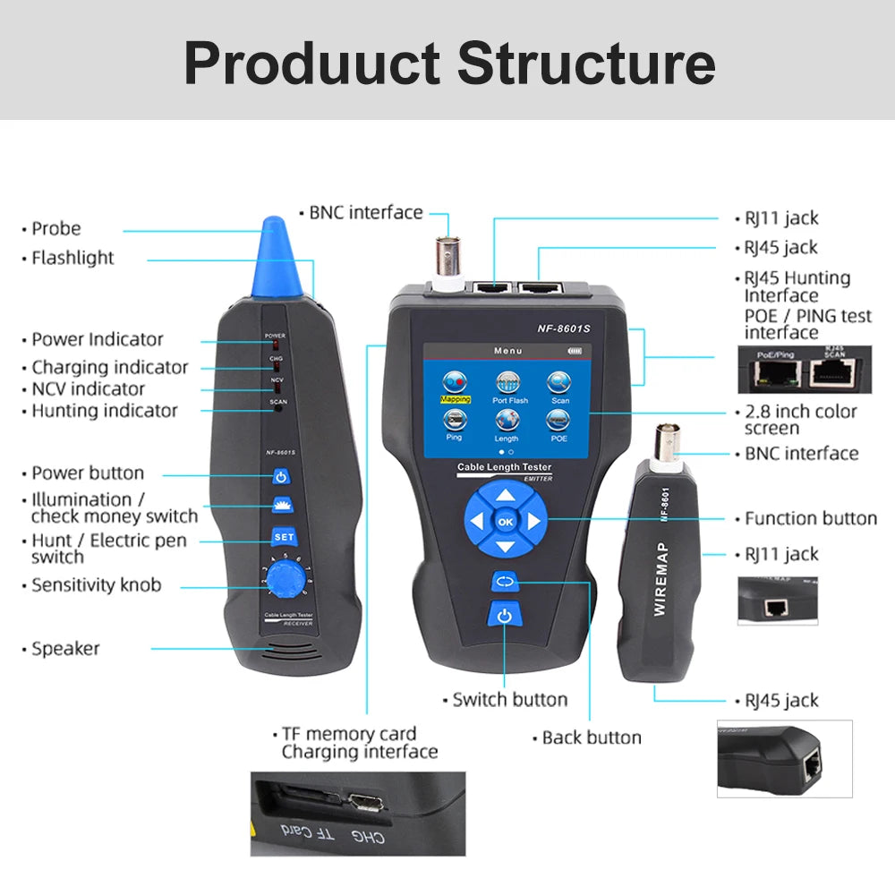 NOYAFA NF-8601S Multifunction TDR Enthernet Cable Tester Rj45 Rj11 BNC Cat5 Cat6 6E Cat7 POE Lan Test Ping Network Cable Tracker