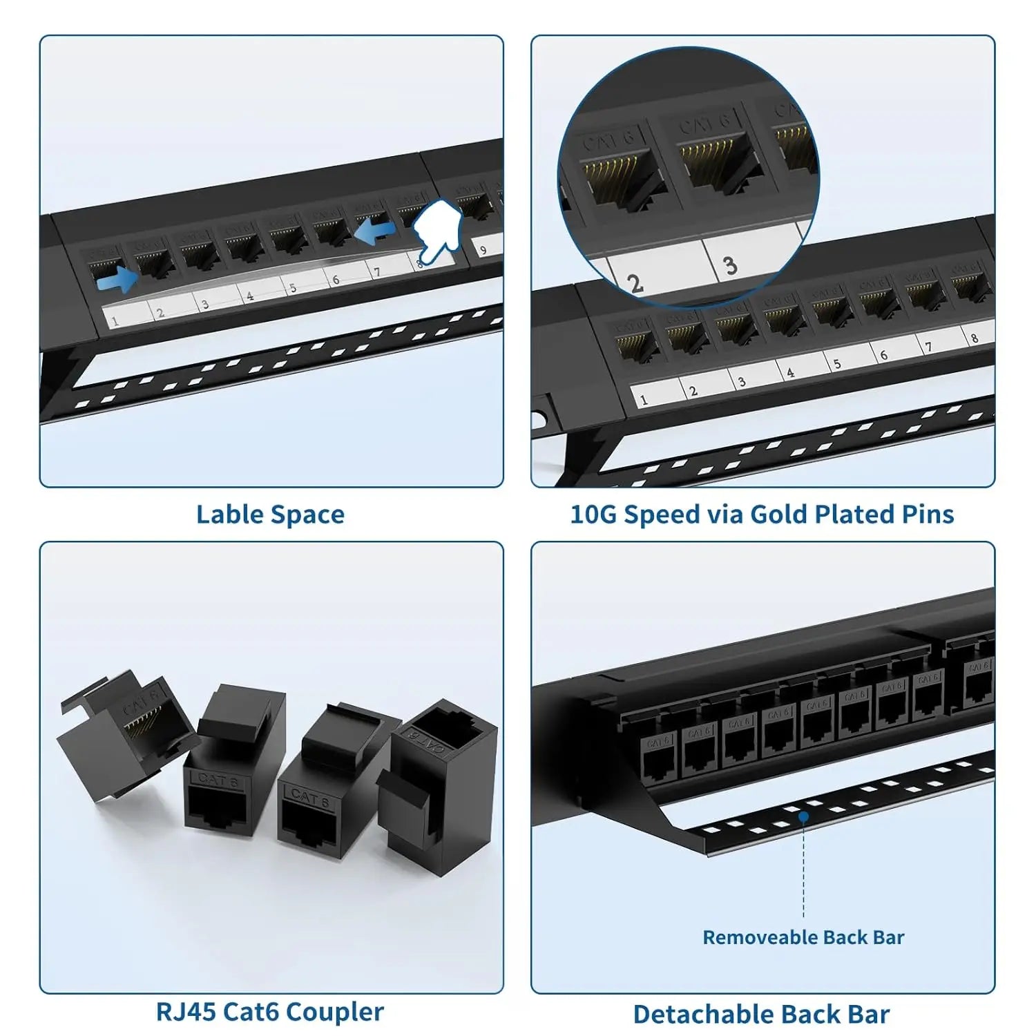 Natalink Patch Panel 24 Port Cat6 with Coupler Keystone Back Bar 19 Inch 1U Ethernet RJ45 Network Rackmount Coupler Patch Panel