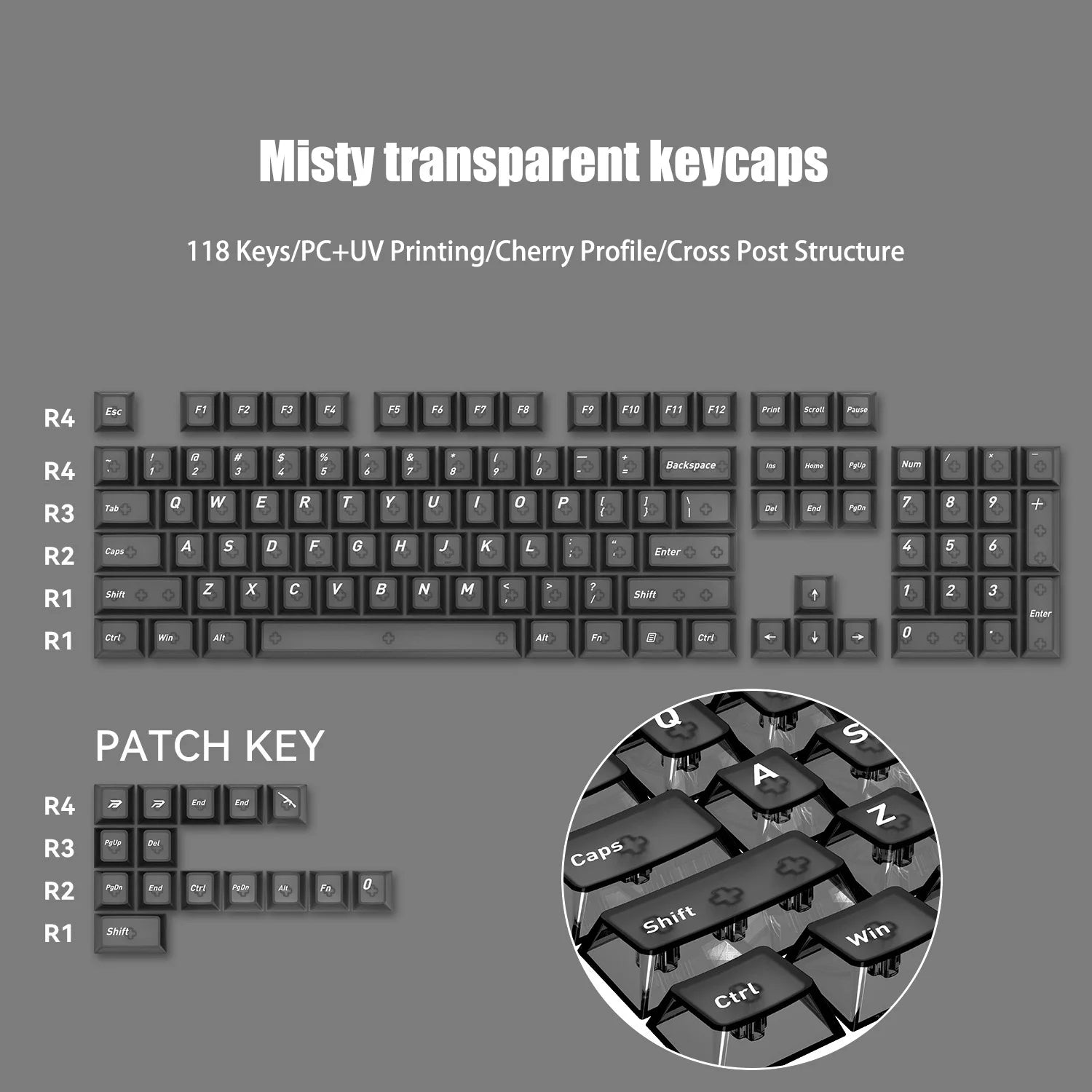 130 Keys Black Full Transparent PC Keycaps UV Printing Clear Crystal Key Caps Cherry Profile for MX Switches Gaming Keyboard