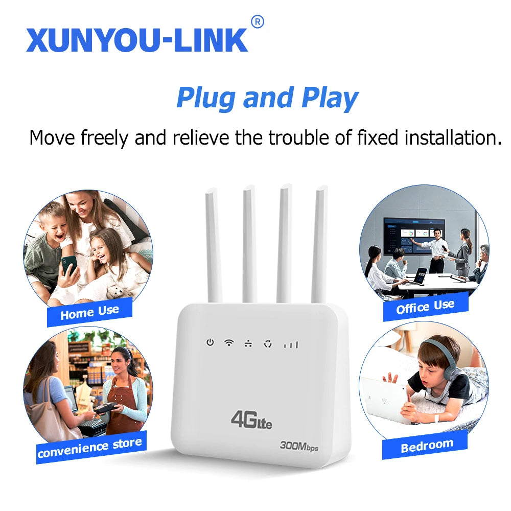 XUNYOU-LINK 4G LTE WiFi Router WiFi 6 300Mbps SIM Modem Wireless WiFi Modem Support 32 Device WIFI Router for Asia Africa Europe