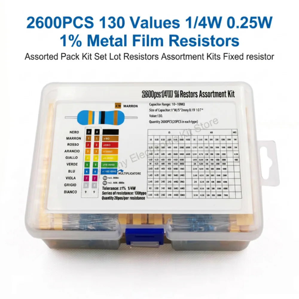 2600pcs/lot 130 Values 1/4W 0.25W 1% Metal Film Resistors Assorted Pack Kit Set Lot Resistors Assortment Kits Fixed resistor