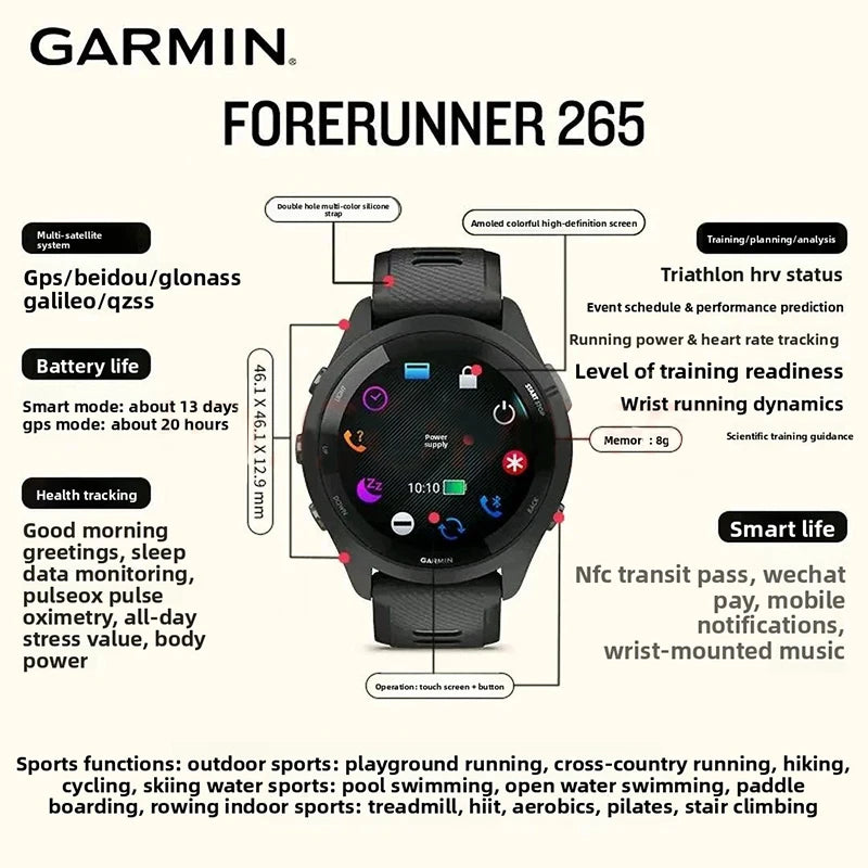Garmin Forerunner 265 GPS 46mm Smartwatch 1.3" AMOLED Touchscreen Display Heart Rate Monitoring Training Metric Message Notice