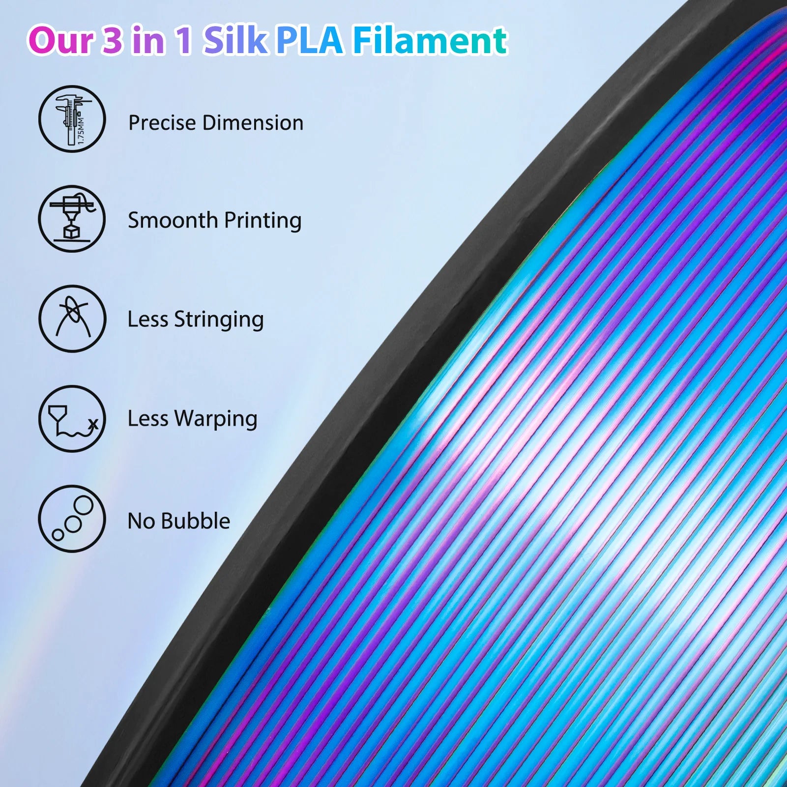 Tricolor Silk PLA 3D Printer Filament, 1.75mm Multicolor 3D Printing Filament, Purple&Sky Blue&Yellow Filament, 250g (0.55lbs)