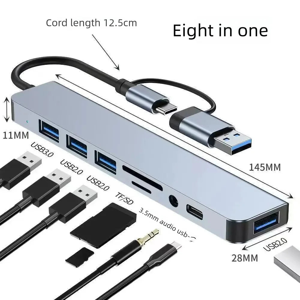 8-in-2 USB Type C Hub with 3.5mm Audio Jack, Micro SD Reader for Laptop/Tablet/Phone, Disk Converter Multi-Interface