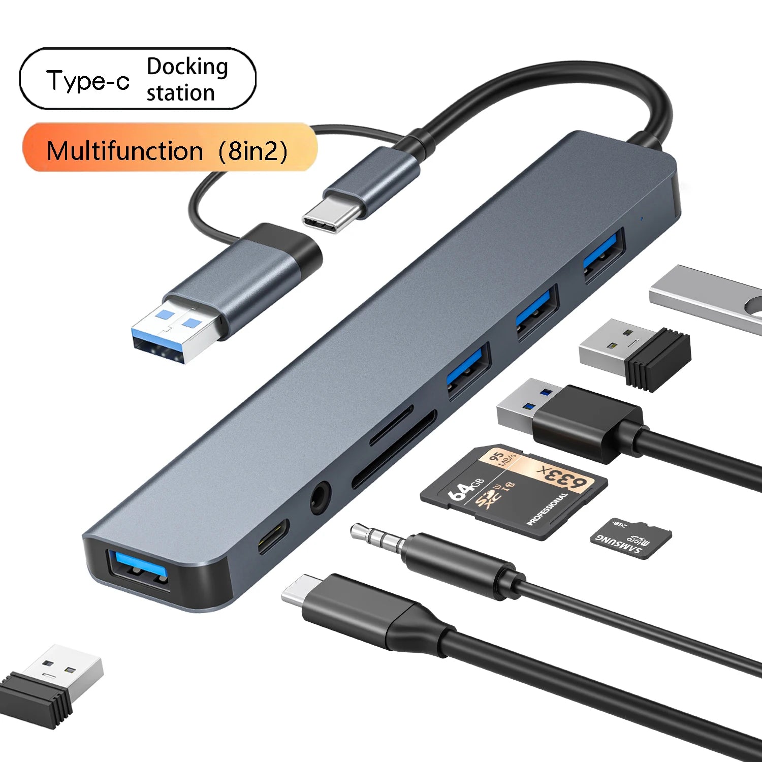 8in1 USB C Hub 4 USB Ports 1 USB-C Jack TF/SD Card Reader 3.5mm Audio Output for MacBook Pro iPad Pro iPhone 15 Laptop
