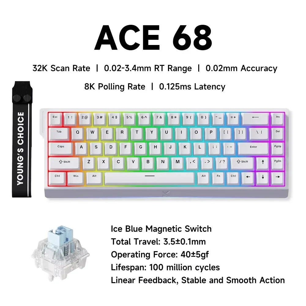 MCHOSE ACE 68 Wired Magnetic Switch Gaming Keyboard Hall Effect Rapid Trigger Programmable RGB 8K Hz DKS/MT/TGL/RS/SOCD Keyboard