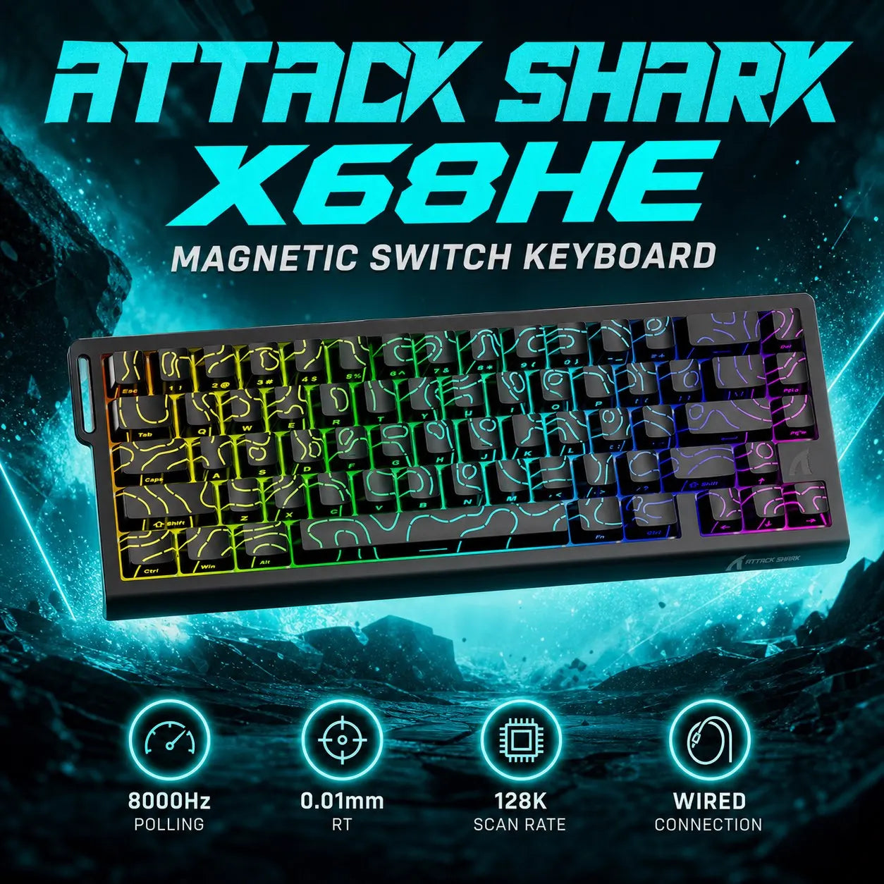 ATTACK SHARK X68HE Wired RGB Keyboard for PC Gaming with PBT Double-Shot Keycaps, 0.01mm Rapid Trigger Accuracy, 128K Scan Rate