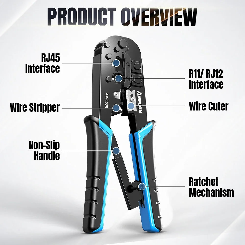 AMPCOM rj45 crimper RJ11 RJ45 Crimping Tool Ethernet Network LAN Cable Crimper Cutter Stripper Plier for 6P 8P RJ-11/RJ-12 RJ-45