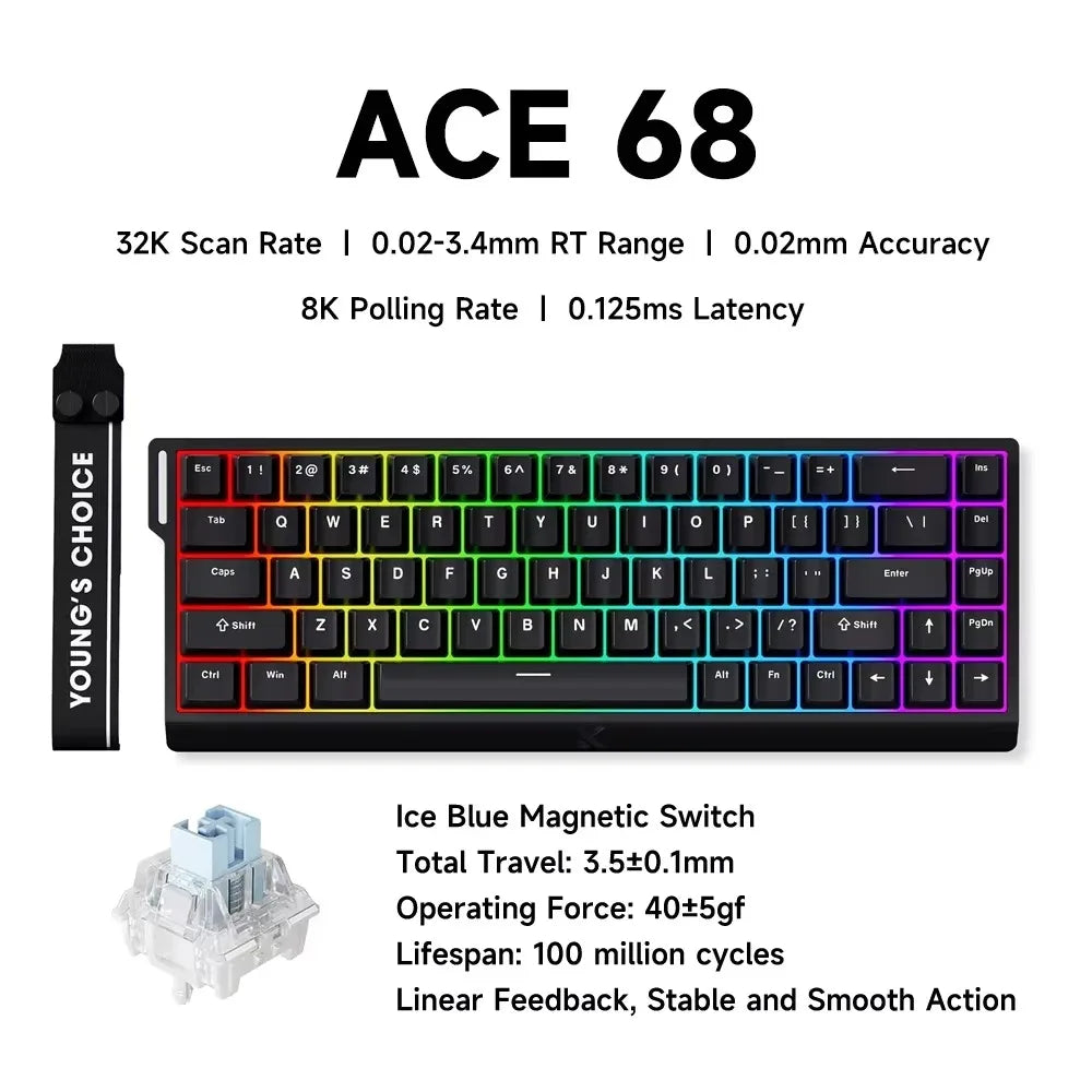 MCHOSE ACE 68 Wired Magnetic Switch Gaming Keyboard Hall Effect Rapid Trigger Programmable RGB 8K Hz DKS/MT/TGL/RS/SOCD Keyboard