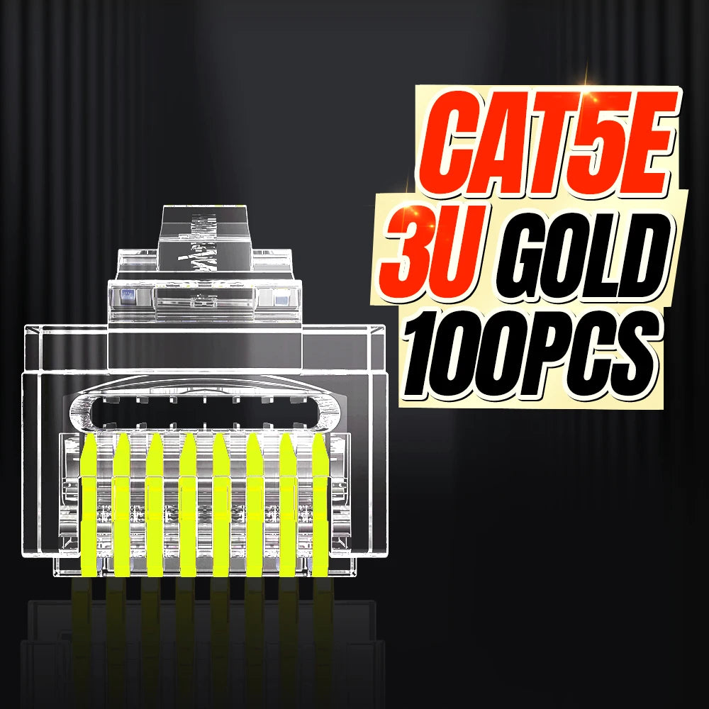 AMPCOM RJ45 Connector Pass Through CAT6 CAT5E Modular Plug Network Ends UTP 3U 50u Gold Plated 8P8C Crimp End for Ethernet Cable