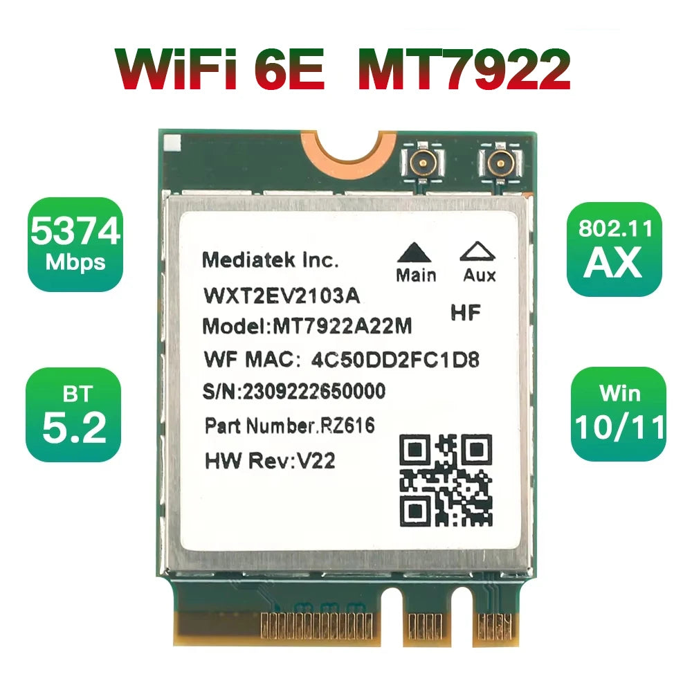 WiFi 6E MT7922 M.2 Wireless Card 5374Mbps BT 5.2 Tri Band 2.4G/5G/6Ghz Network Adapter 802.11AX Wireless Adapter Win 10/11