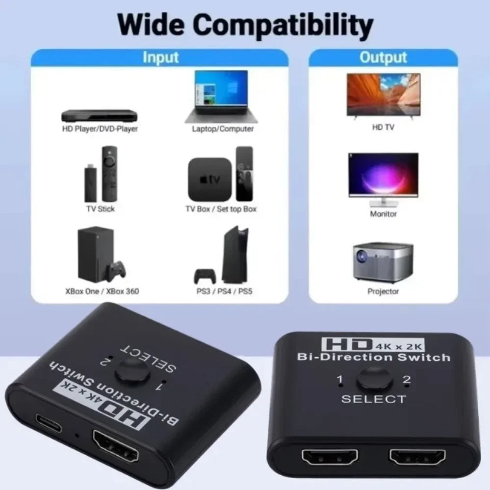 2 Ports Bi-Direction HDMI-compatible Video Switcher High Speed 4K 60Hz HDMI Splitter 2 in 1 out HDMI Switch 1x2/2x1 HUB Adapter