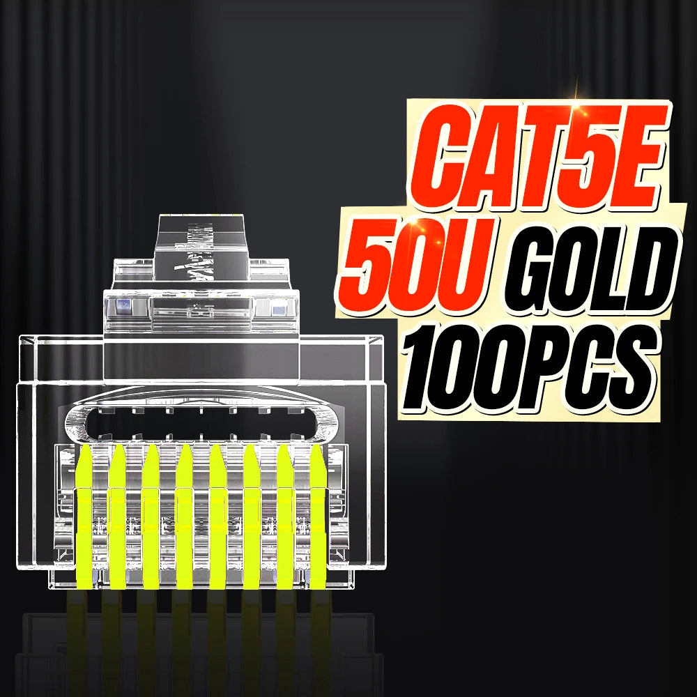 AMPCOM RJ45 Connector Pass Through CAT6 CAT5E Modular Plug Network Ends UTP 3U 50u Gold Plated 8P8C Crimp End for Ethernet Cable