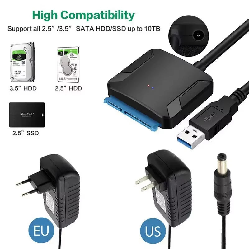 SATA to USB3.0 Cable SATA III Hard Drive Adapter Converter for 2.5" 3.5" SSD HDD Hard Drive Disk with 12V/2A Power Adapterer