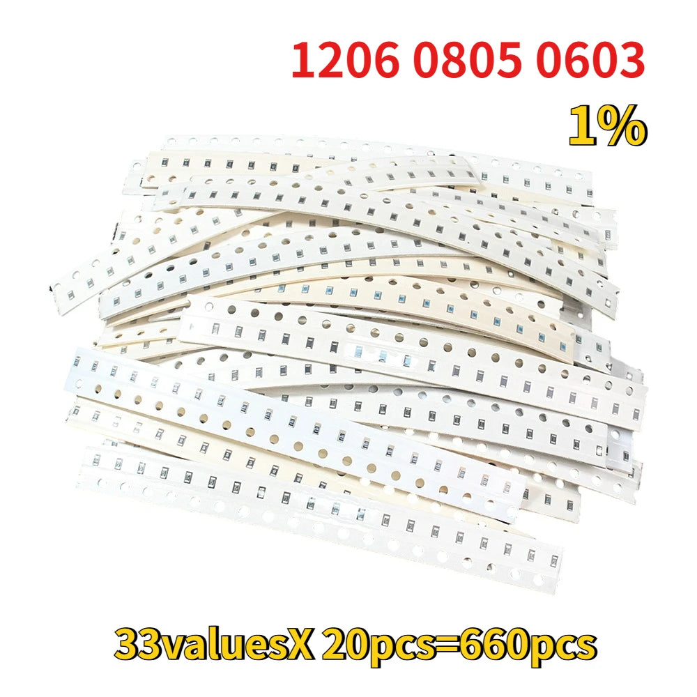 660pcs 1206 1% SMD Resistor 0805 0603 Resistors Assorted Kit 33 Values Each 20pcs 1R-1M 10K 100K 1K 100R Resistance Set