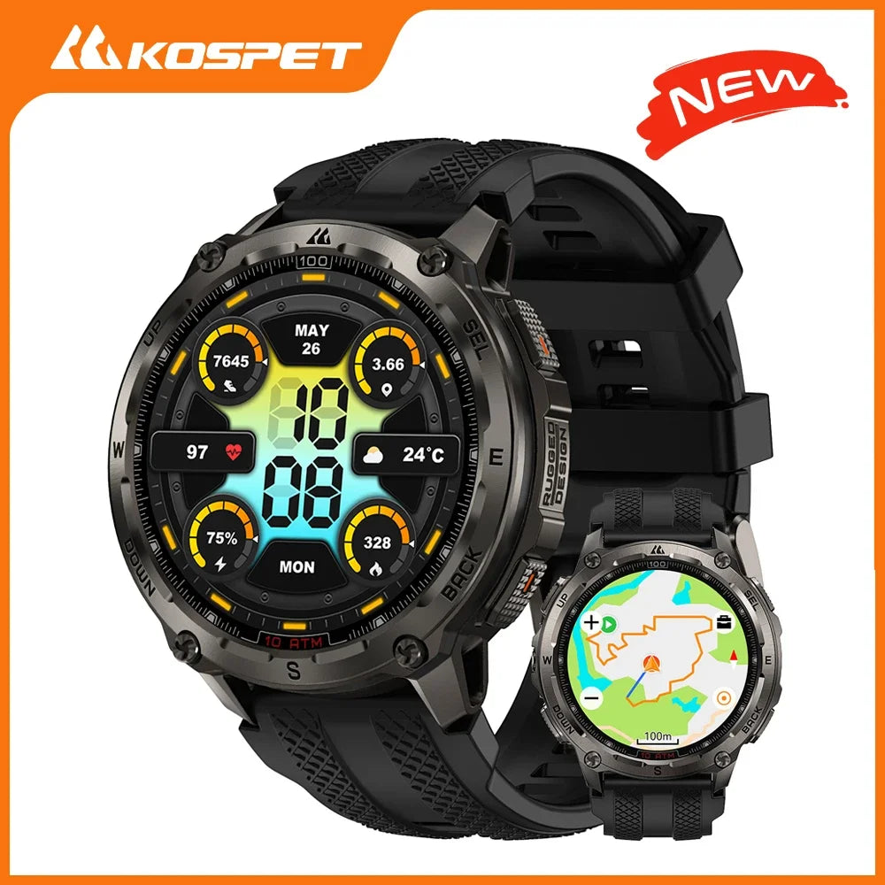 KOSPET Tank T4 Men's Rugged Smart Watch Military Grade GPS Stainless Steel 100M Waterproof 45M Freediving 24/7 Health Monitor