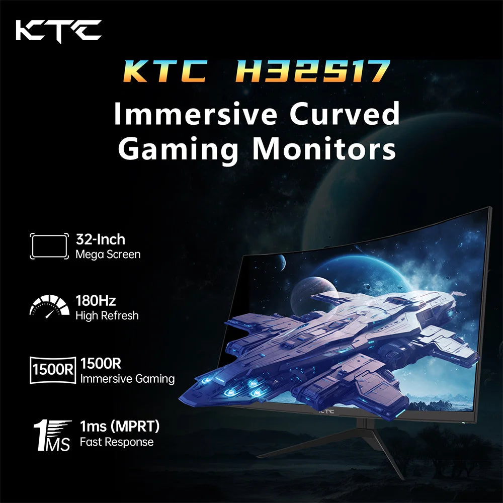Ktc H32S17 32 Inch 1500R Curved Gaming Monitor 2560X1440 Qhd 180Hz 16:9 Eled 99% Srgb Hdr10 1Ms Mprt Response Time Low-Blue Compatible with Freesync and G-Sync USB Hdmi2.0 2Xdp1.4 Audio Out Flexible Adjustment with Sturdy Tri