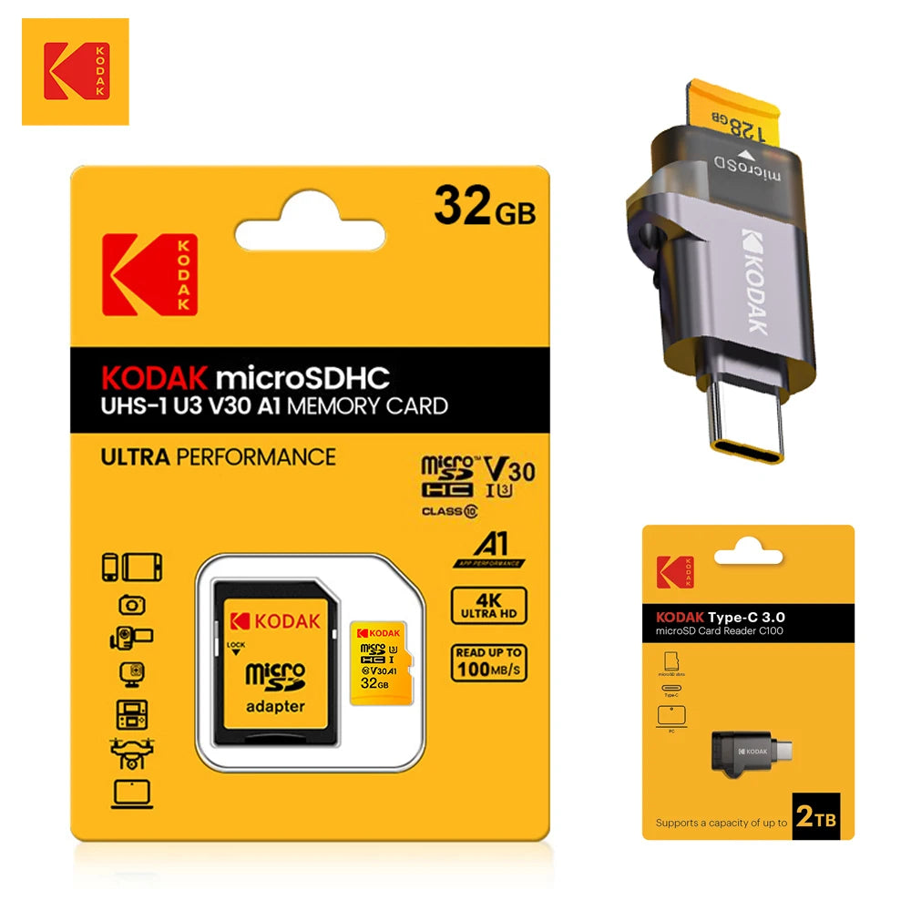 KODAK Micro SD Card 32GB 64GB 128GB V30 U3 4K Yellow for Dash Cam Driving Recorder TF Card