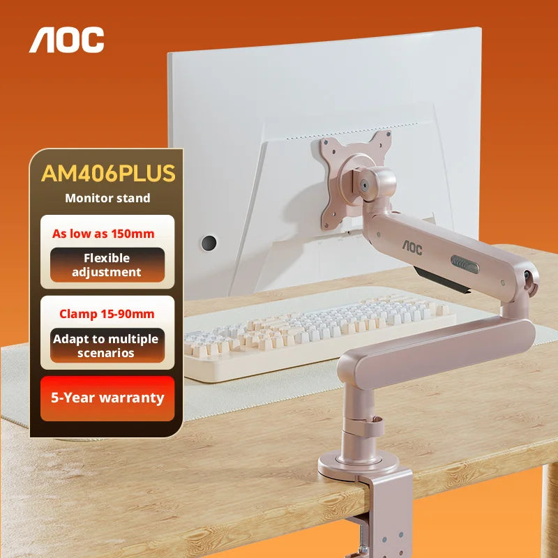 AOC AM406PLUS Premium Aluminum Adjustable Single Monitor Mount Desktop Bracket Display Arm Holder Desktop Clamp Stand Home Office Monitor Stand