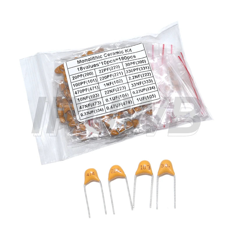180PCS 18values*10pcs 20PF-1UF 50V Capacitance Assorted DIY Set Monolithic Ceramic Capacitor Kit