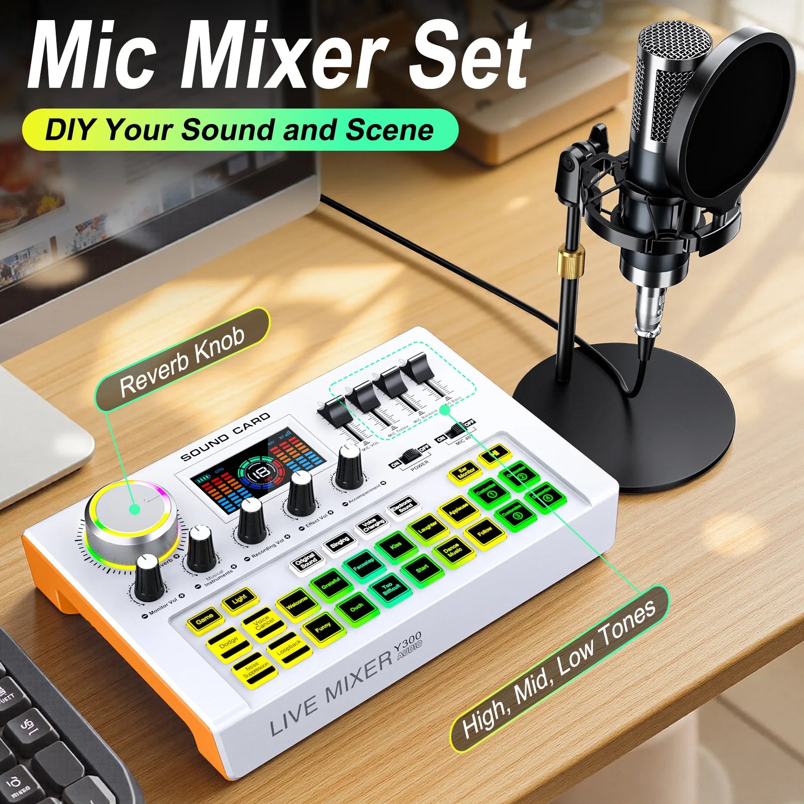 Tenlamp Y300-P15B Professional Podcast Equipment Bundle Kit for 4 People, Studio Sound Card with 3.5mm Condenser Mic  for PC Smartphone Laptop Computer , Live Audio Mixer Voice Changer for Streaming Singing Gaming Recording V