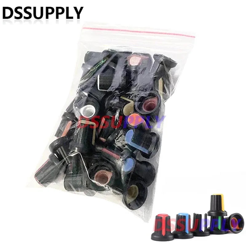 30PCS/LOT WH148 Potentiometer Knob Kits New Plastic Knobs Cap 6mm Shaft Hole AG2 Yellow Orange Blue White Red 5Values*6PCS=30PCS