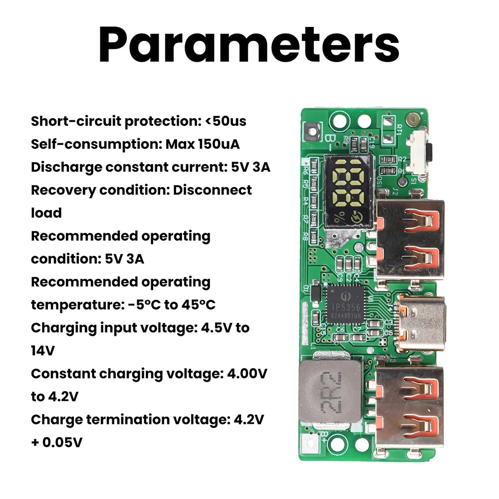 5V 3A Lithium Battery Fast Charging Module Digital Display 18650 Charge Board IP5356 Type-C Micro USB Fast Charge Protocols