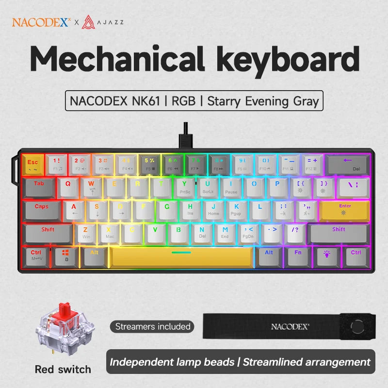 AJAZZ NK61 Wired Mechanical Keyboard, Mixed Backlight, Compact Mini Layout, Detachable USB-C Cable, Keycap Puller Included