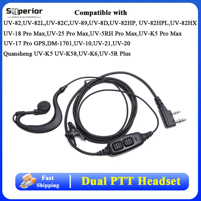 Baofeng UV-82 Dual PTT Earpiece Original for UV-8D UV-82HP UV-25L Walkie Talkie Headset UV-18 UV-5RH Headphone Radio Accessories
