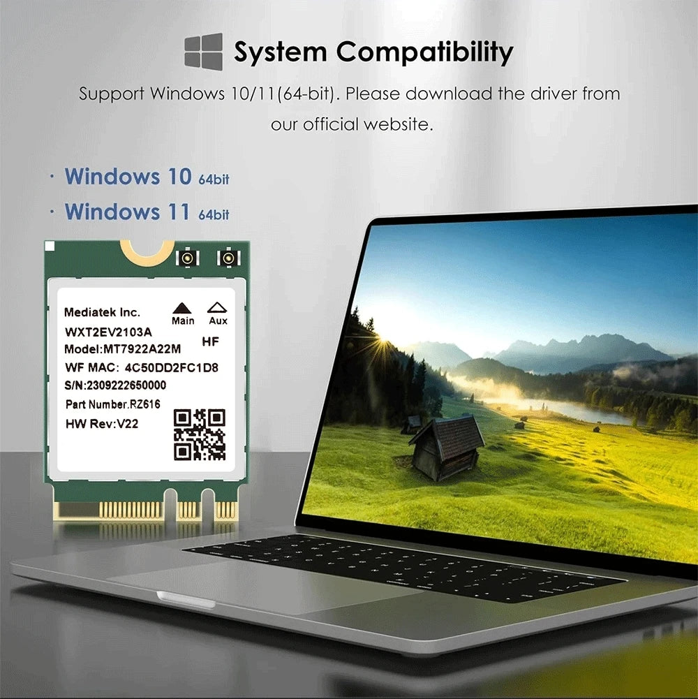WiFi 6E MT7922 M.2 Wireless Card 5374Mbps BT 5.2 Tri Band 2.4G/5G/6Ghz Network Adapter 802.11AX Wireless Adapter Win 10/11
