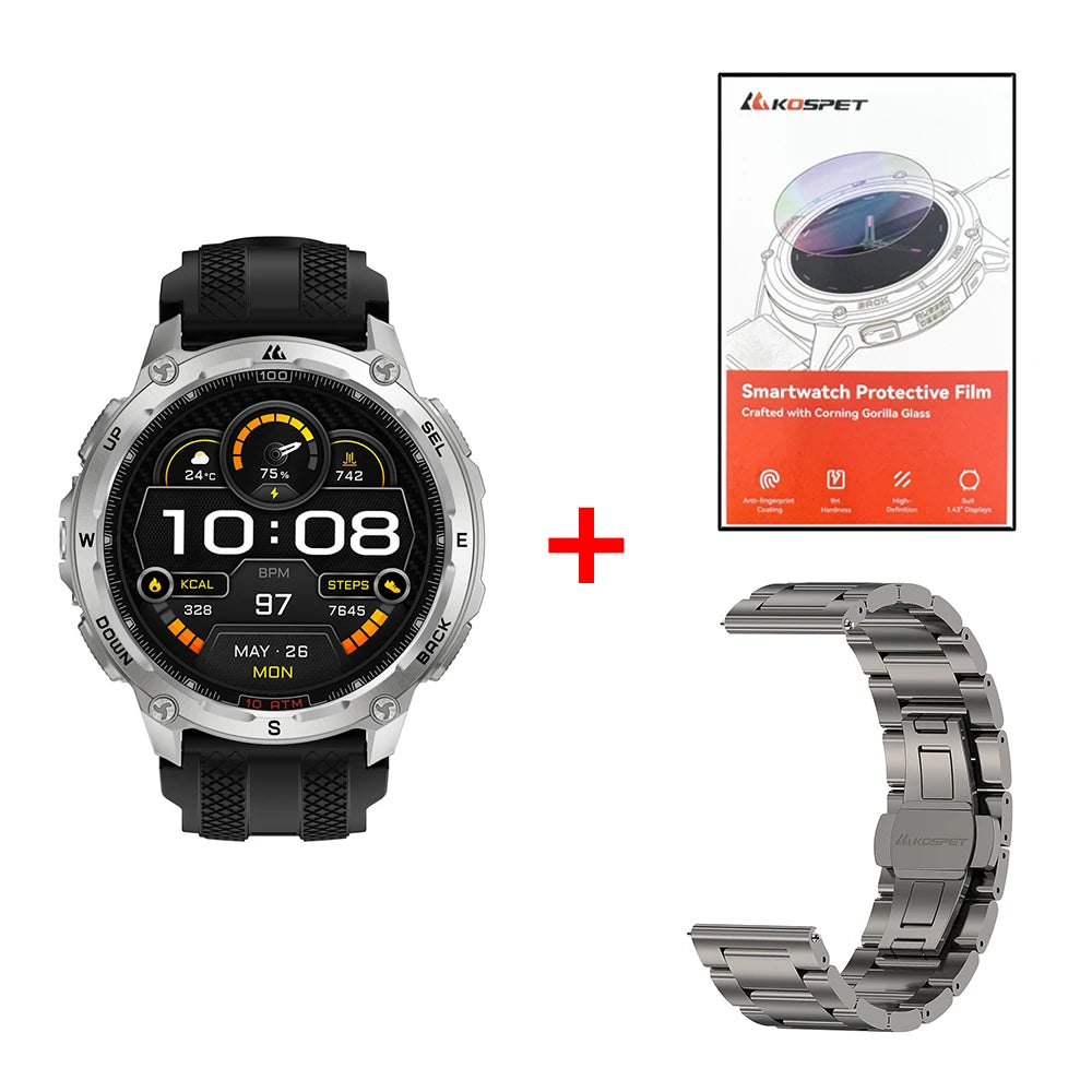 KOSPET Tank T4 Men's Rugged Smart Watch Military Grade GPS Stainless Steel 100M Waterproof 45M Freediving 24/7 Health Monitor