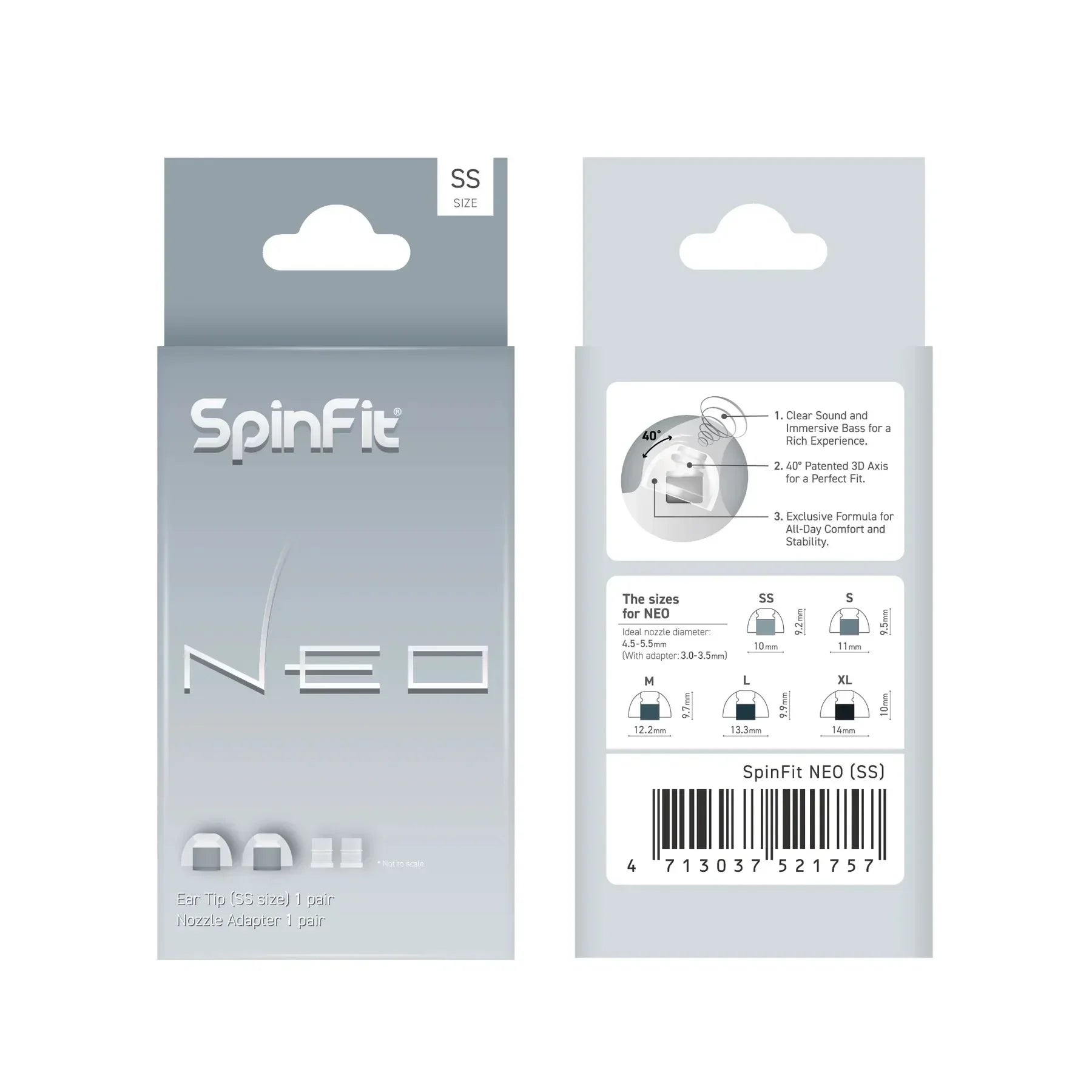 SpinFit NEO for IEM Silicone Patented Eartips Secure Fit Comfort Reduce Allergic Reaction with Adapters for Slim Nozzles 1 pair
