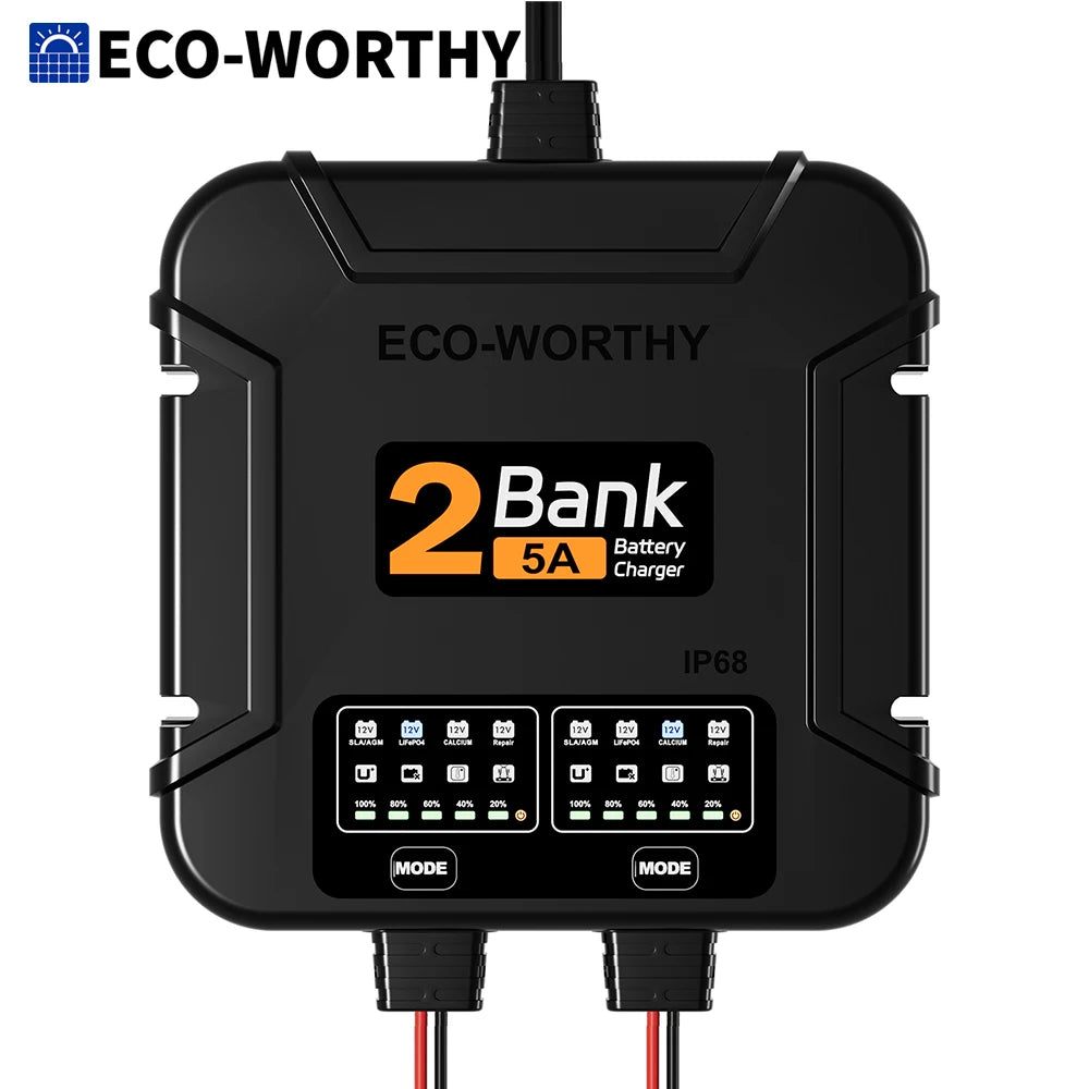 ECO-Worthy 2-Bank Marine Battery Charger 10A (5A/Bank), IP68 Waterproof 12V Charger & Maintainer for Boat RV Car