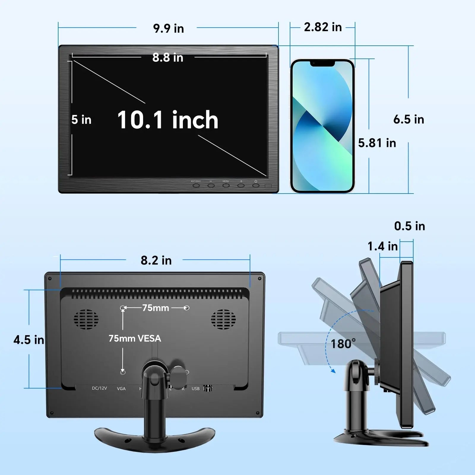 EYOYO 10-inch Security Monitor 1366x768 Small Desktop Monitor With HDMI VGA AV BNC USB Input,Built-in Speakers,For PC CCTV NVR