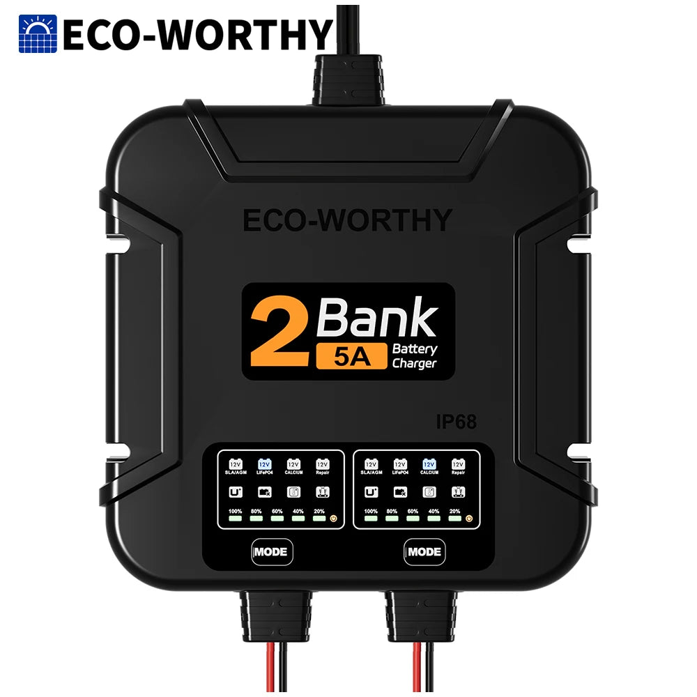 ECO-Worthy 2-Bank Marine Battery Charger 10A (5A/Bank), IP68 Waterproof 12V Charger & Maintainer for Boat RV Car