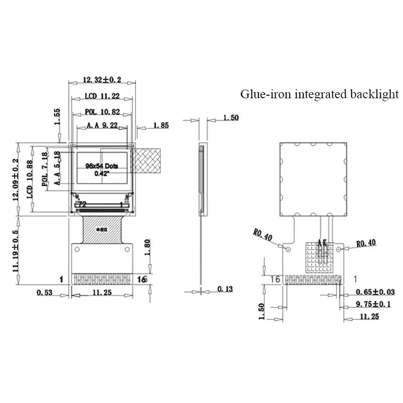 0.42 Inch TFT LCD Display Module, ST7735, 96x54 Color Square Screen, SPI Interface, 16-Pin Solder Pad Small LCD Screen