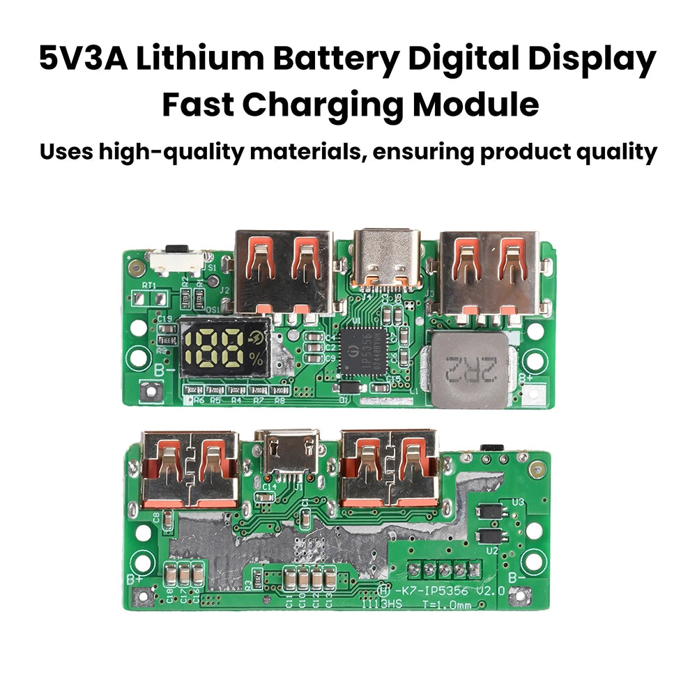 5V 3A Lithium Battery Fast Charging Module Digital Display 18650 Charge Board IP5356 Type-C Micro USB Fast Charge Protocols