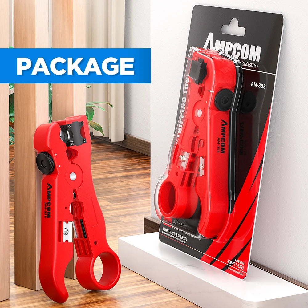 AMPCOM Multi-Function Cable Stripper Tool for Coaxial/Round/Flat Wires, Wire Stripper & Cutter with Compression