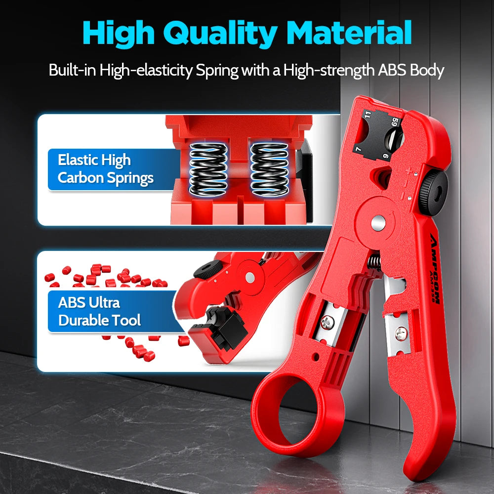 AMPCOM Multi-Function Cable Stripper Tool for Coaxial/Round/Flat Wires, Wire Stripper & Cutter with Compression