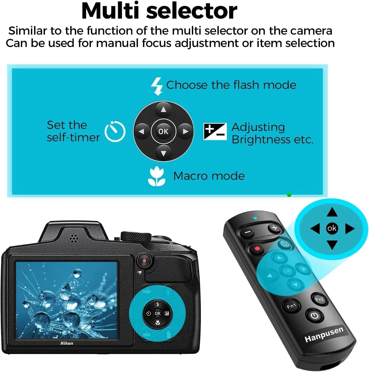 HANPUSEN Bluetooth Wireless Camera Remote for Nikon Zfc Z30 Z5 Z7II Z6III Z50 COOLPIX P1000 P950 A1000 B600; Replace Nikon ML-L7