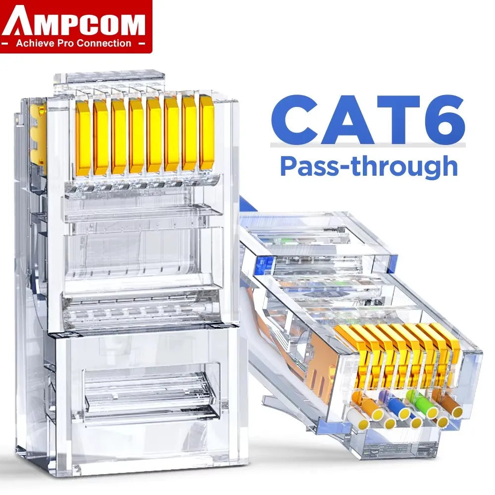 AMPCOM RJ45 Connector Pass Through CAT6 CAT5E Modular Plug Network Ends UTP 3U 50u Gold Plated 8P8C Crimp End for Ethernet Cable