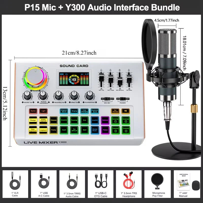 Tenlamp Y300-P15B Professional Podcast Equipment Bundle Kit for 4 People, Studio Sound Card with 3.5mm Condenser Mic  for PC Smartphone Laptop Computer , Live Audio Mixer Voice Changer for Streaming Singing Gaming Recording V