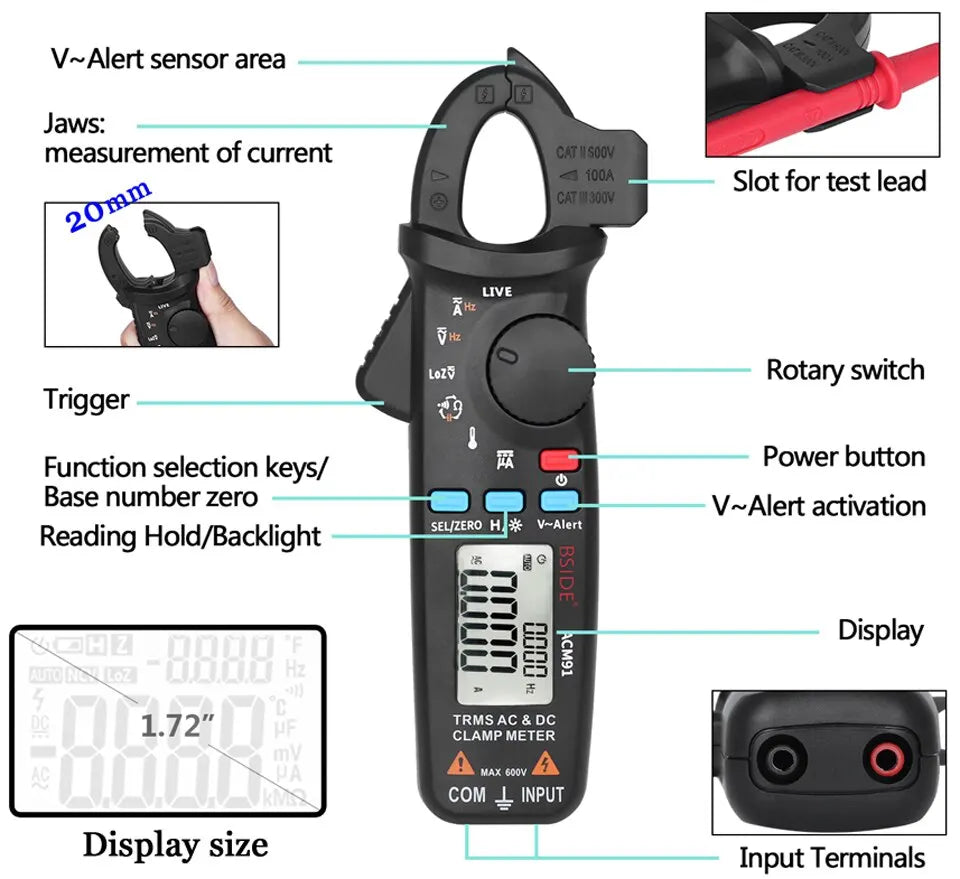 BSIDE ACM91 Clamp Meter True RMS with 1mA Precision & Temp Test