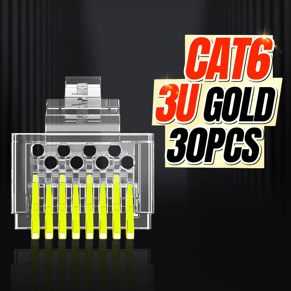 AMPCOM RJ45 Connector Pass Through CAT6 CAT5E Modular Plug Network Ends UTP 3U 50u Gold Plated 8P8C Crimp End for Ethernet Cable