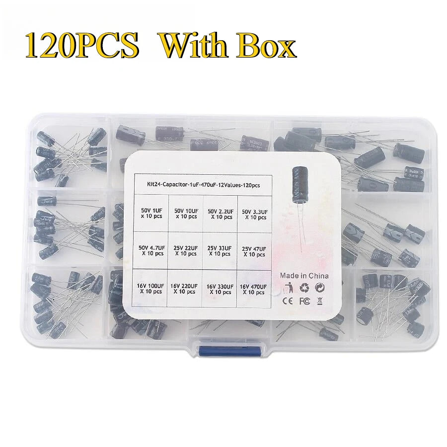120PCS Electrolytic Capacitor Kit 16V 25V 50V 1uF-470uF Aluminum Electrolyte Capacitors - 12 Values DIP for Electronics Projects
