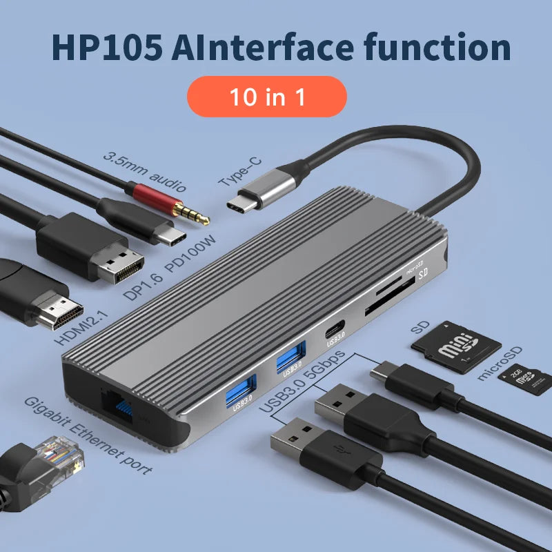 Blueendless 10 in 1 Ports Type C Adapter 4K 120Hz 8K DP Port Type C Data Transfer USB3.0 TF SD Reader Headphone Socket