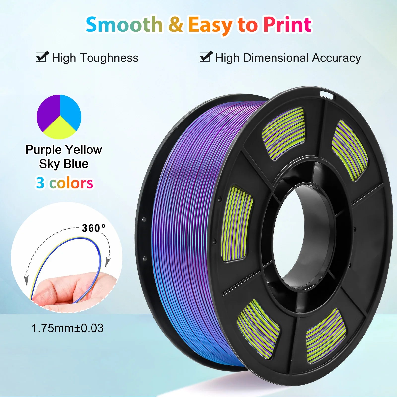 Tricolor Silk PLA 3D Printer Filament, 1.75mm Multicolor 3D Printing Filament, Purple&Sky Blue&Yellow Filament, 250g (0.55lbs)